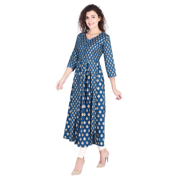 Women's Royal Blue Gold Printed Anarkali Kurti – Indian Flared Maxi Dress & Festive Tunic