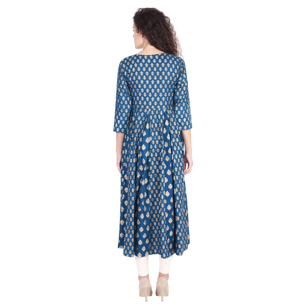 Women's Royal Blue Gold Printed Anarkali Kurti – Indian Flared Maxi Dress & Festive Tunic