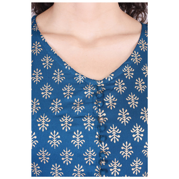 Women's Royal Blue Gold Printed Anarkali Kurti – Indian Flared Maxi Dress & Festive Tunic