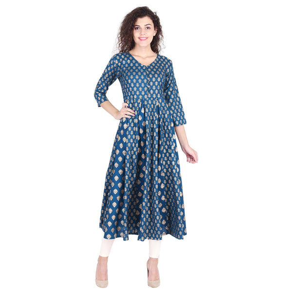 Women's Royal Blue Gold Printed Anarkali Kurti – Indian Flared Maxi Dress & Festive Tunic