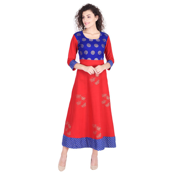 Vibrant Red and Royal Blue Flared Gold Printed Anarkali Kurti