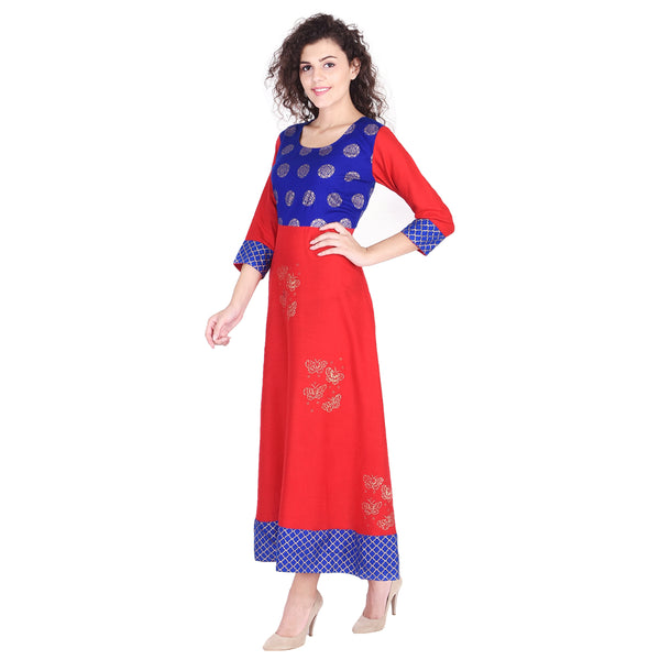 Vibrant Red and Royal Blue Flared Gold Printed Anarkali Kurti