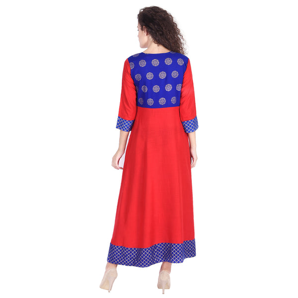Vibrant Red and Royal Blue Flared Gold Printed Anarkali Kurti