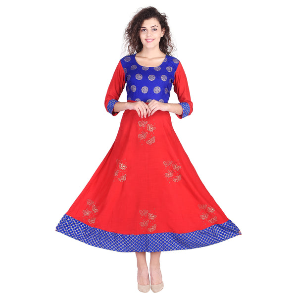 Vibrant Red and Royal Blue Flared Gold Printed Anarkali Kurti