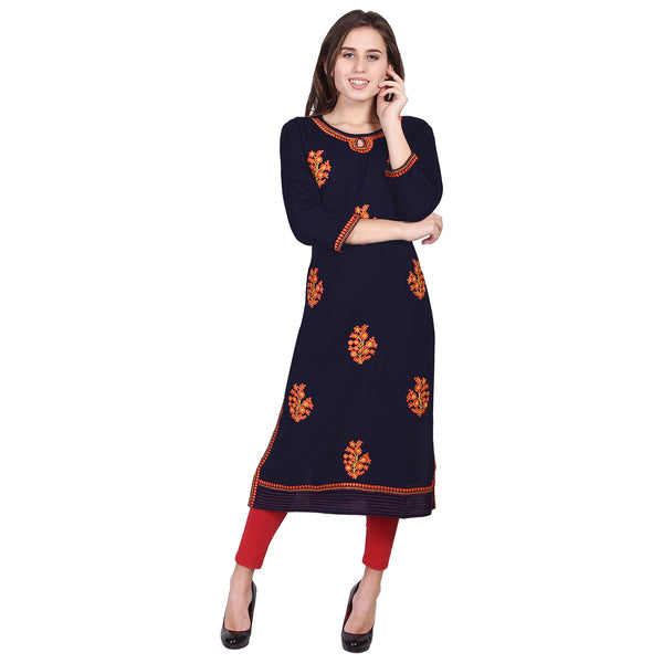 Royal Navy Blue Straight Kurti with Vibrant Orange Floral Embroidery