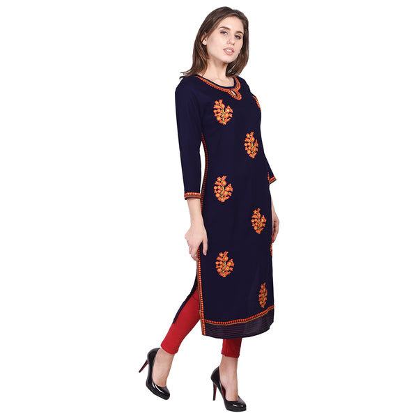 Royal Navy Blue Straight Kurti with Vibrant Orange Floral Embroidery