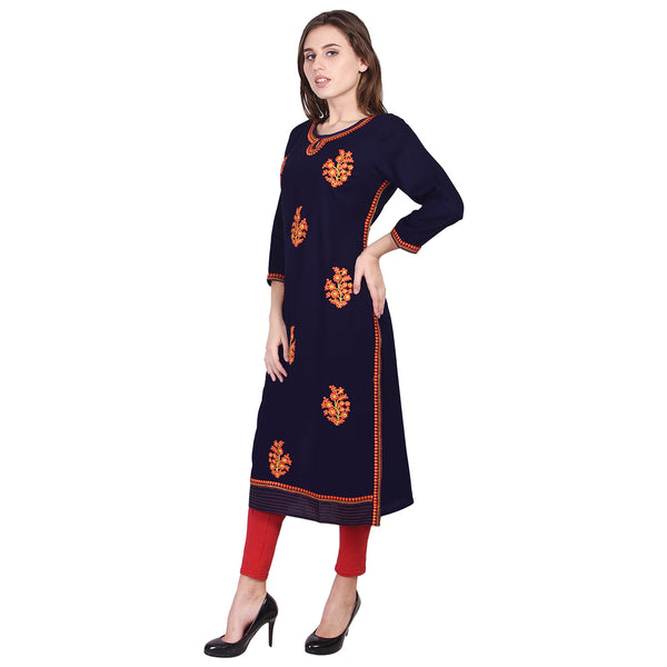 Royal Navy Blue Straight Kurti with Vibrant Orange Floral Embroidery