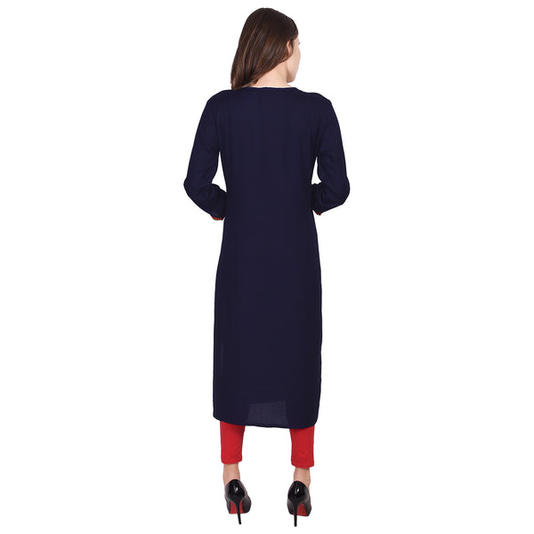 Royal Navy Blue Straight Kurti with Vibrant Orange Floral Embroidery