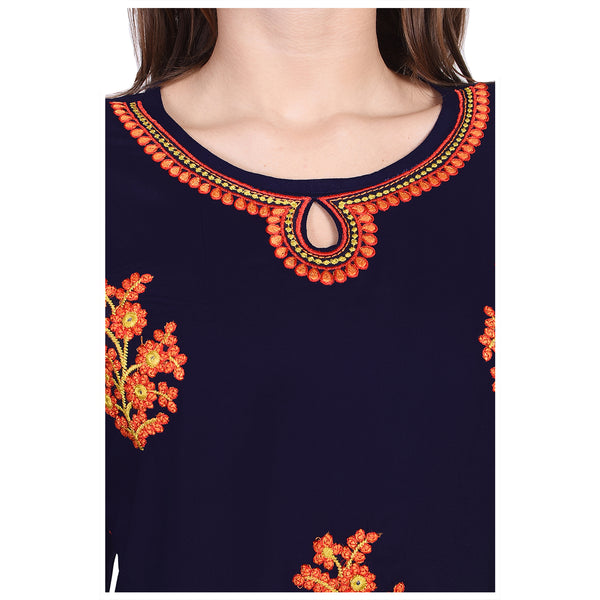 Royal Navy Blue Straight Kurti with Vibrant Orange Floral Embroidery