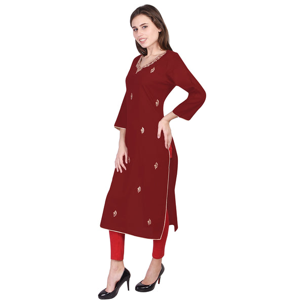 Elegant Maroon/Red Straight Kurti with Intricate Golden Embroidery