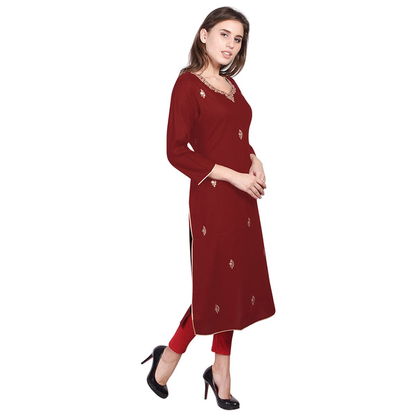 Elegant Maroon/Red Straight Kurti with Intricate Golden Embroidery