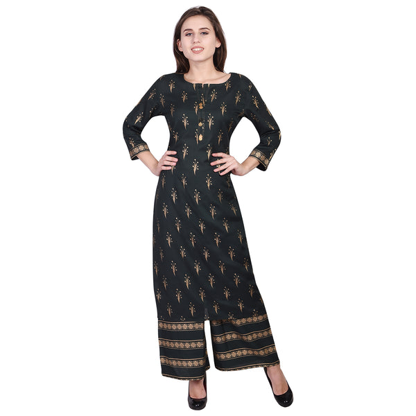 Women's Blue Printed Straight Kurta with Palazzo Set | Ethnic Tunic Top & Wedding Party Dress