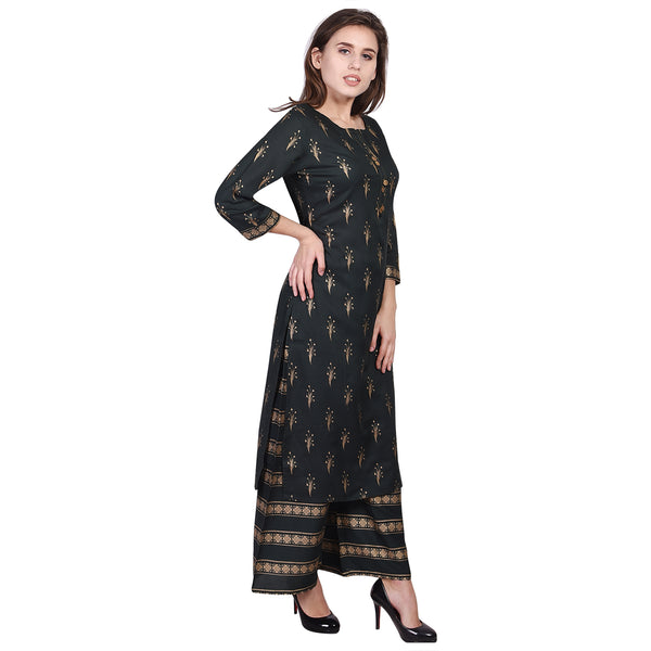 Women's Blue Printed Straight Kurta with Palazzo Set | Ethnic Tunic Top & Wedding Party Dress