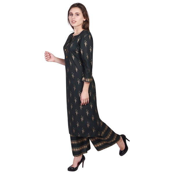 Women's Blue Printed Straight Kurta with Palazzo Set | Ethnic Tunic Top & Wedding Party Dress