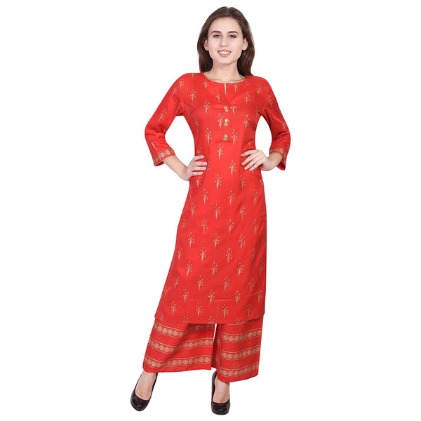 Festive Red and Gold Foil Print Straight Kurta with Matching Palazzo