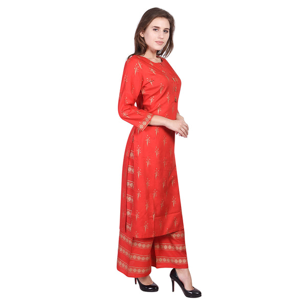 Festive Red and Gold Foil Print Straight Kurta with Matching Palazzo