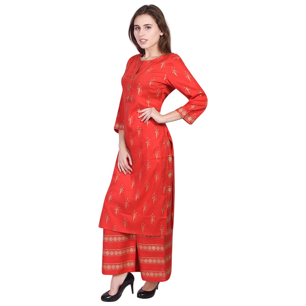 Festive Red and Gold Foil Print Straight Kurta with Matching Palazzo