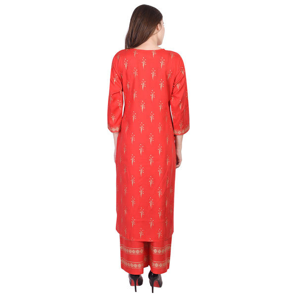 Festive Red and Gold Foil Print Straight Kurta with Matching Palazzo