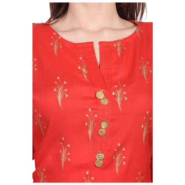 Festive Red and Gold Foil Print Straight Kurta with Matching Palazzo