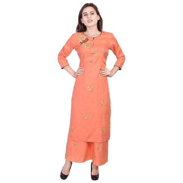 Elegant Peach Embroidered Straight Kurta Set with Palazzo