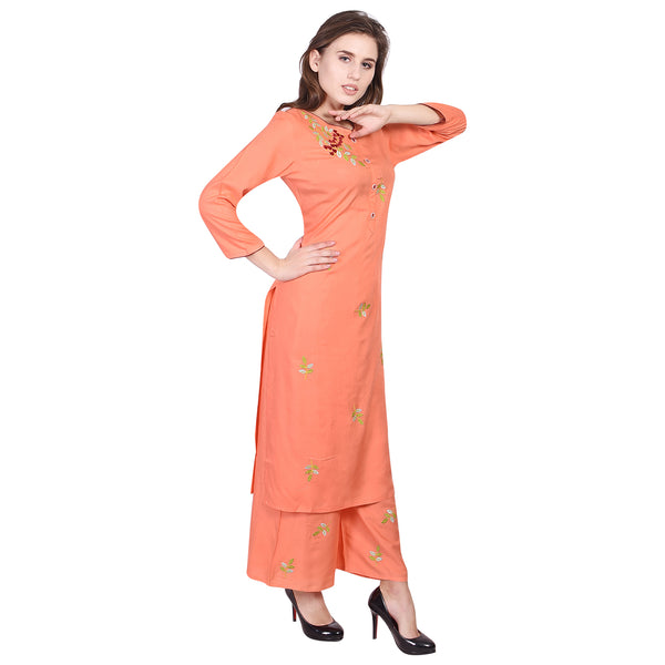 Elegant Peach Embroidered Straight Kurta Set with Palazzo