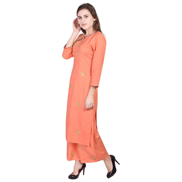 Elegant Peach Embroidered Straight Kurta Set with Palazzo