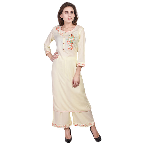Elegant Light Yellow Embroidered Kurta Set for Women – Straight Kurti Tunic Top with Wide-Leg Pants