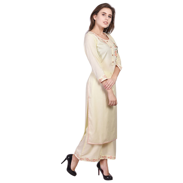 Elegant Light Yellow Embroidered Kurta Set for Women – Straight Kurti Tunic Top with Wide-Leg Pants