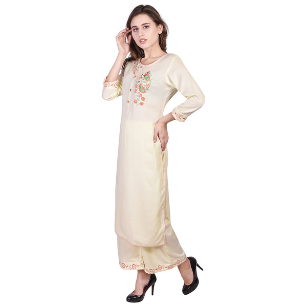 Elegant Light Yellow Embroidered Kurta Set for Women – Straight Kurti Tunic Top with Wide-Leg Pants