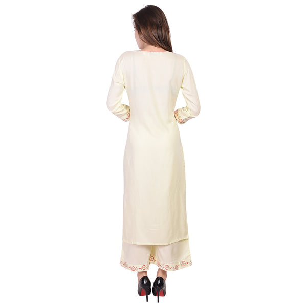 Elegant Light Yellow Embroidered Kurta Set for Women – Straight Kurti Tunic Top with Wide-Leg Pants