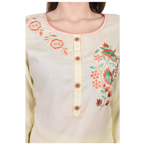 Elegant Light Yellow Embroidered Kurta Set for Women – Straight Kurti Tunic Top with Wide-Leg Pants