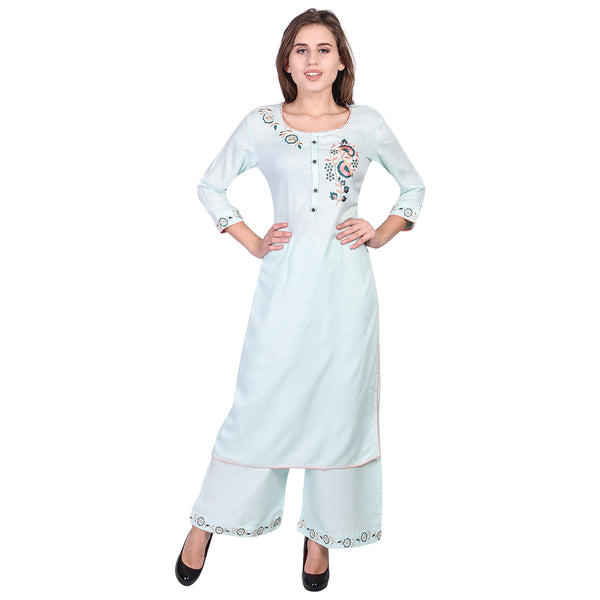 Women Powder Blue Floral Embroidery Kurta | 3/4 Sleeve Straight Ethnic Top with Palazzo