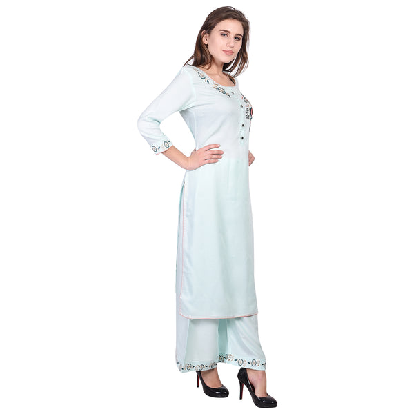 Women Powder Blue Floral Embroidery Kurta | 3/4 Sleeve Straight Ethnic Top with Palazzo