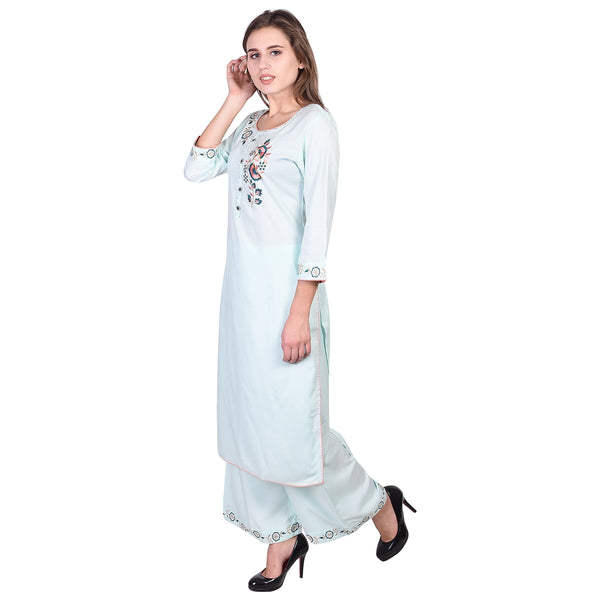 Women Powder Blue Floral Embroidery Kurta | 3/4 Sleeve Straight Ethnic Top with Palazzo
