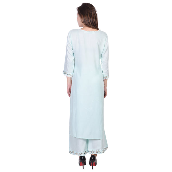 Women Powder Blue Floral Embroidery Kurta | 3/4 Sleeve Straight Ethnic Top with Palazzo