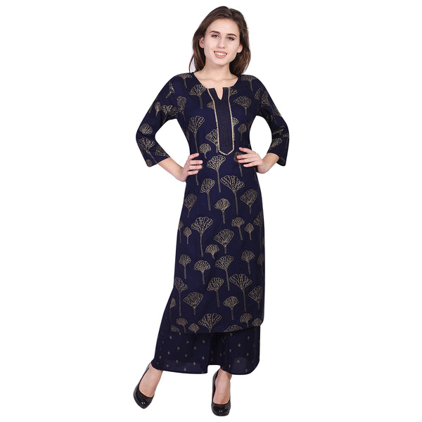 Navy Blue Gold Foil Tree Print Straight Kurta Set with Palazzo