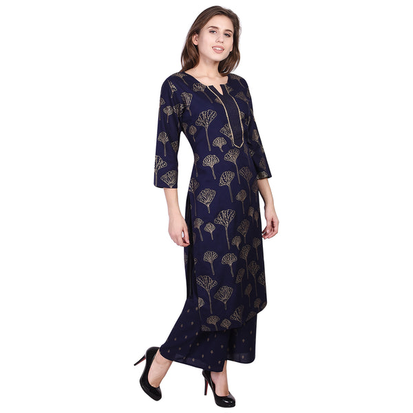 Navy Blue Gold Foil Tree Print Straight Kurta Set with Palazzo