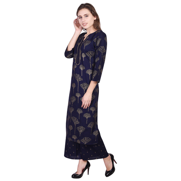 Navy Blue Gold Foil Tree Print Straight Kurta Set with Palazzo