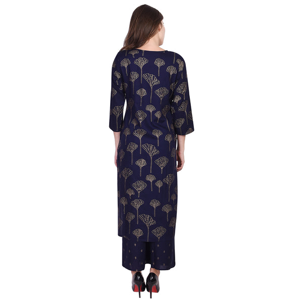 Navy Blue Gold Foil Tree Print Straight Kurta Set with Palazzo