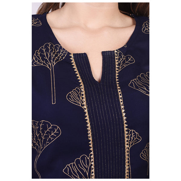 Navy Blue Gold Foil Tree Print Straight Kurta Set with Palazzo