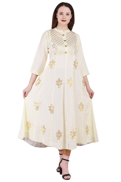 Women's Off-White & Gold Foil Print Anarkali Kurta | Long Ethnic Flare Dress & Party Wear Tunic