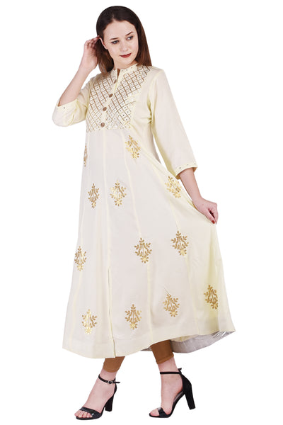 Women's Off-White & Gold Foil Print Anarkali Kurta | Long Ethnic Flare Dress & Party Wear Tunic