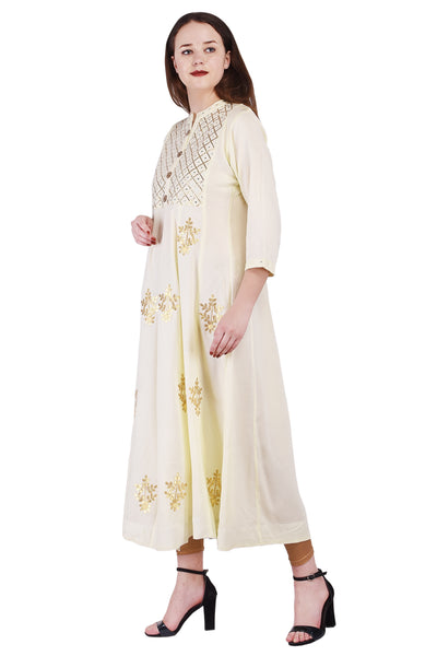 Women's Off-White & Gold Foil Print Anarkali Kurta | Long Ethnic Flare Dress & Party Wear Tunic
