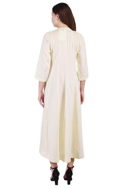 Women's Off-White & Gold Foil Print Anarkali Kurta | Long Ethnic Flare Dress & Party Wear Tunic