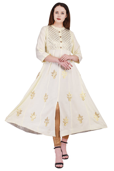 Women's Off-White & Gold Foil Print Anarkali Kurta | Long Ethnic Flare Dress & Party Wear Tunic
