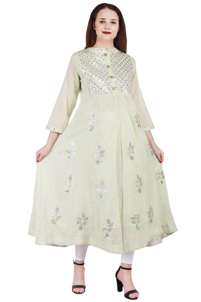 Women's Pastel Green Front-Slit Anarkali Kurta | Flared Ethnic Tunic & Wedding Party Wear