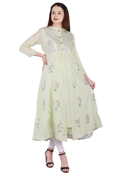 Women's Pastel Green Front-Slit Anarkali Kurta | Flared Ethnic Tunic & Wedding Party Wear