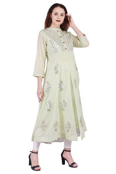 Women's Pastel Green Front-Slit Anarkali Kurta | Flared Ethnic Tunic & Wedding Party Wear