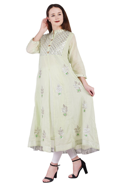 Women's Pastel Green Front-Slit Anarkali Kurta | Flared Ethnic Tunic & Wedding Party Wear