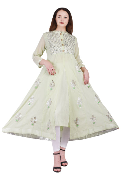 Women's Pastel Green Front-Slit Anarkali Kurta | Flared Ethnic Tunic & Wedding Party Wear
